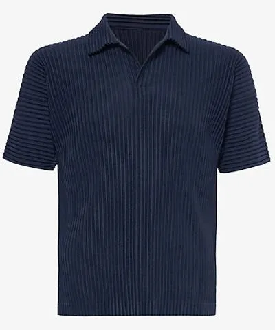 Issey Miyake Mens Navy Pleated short-sleeves relaxed-fit knitted polo shirt