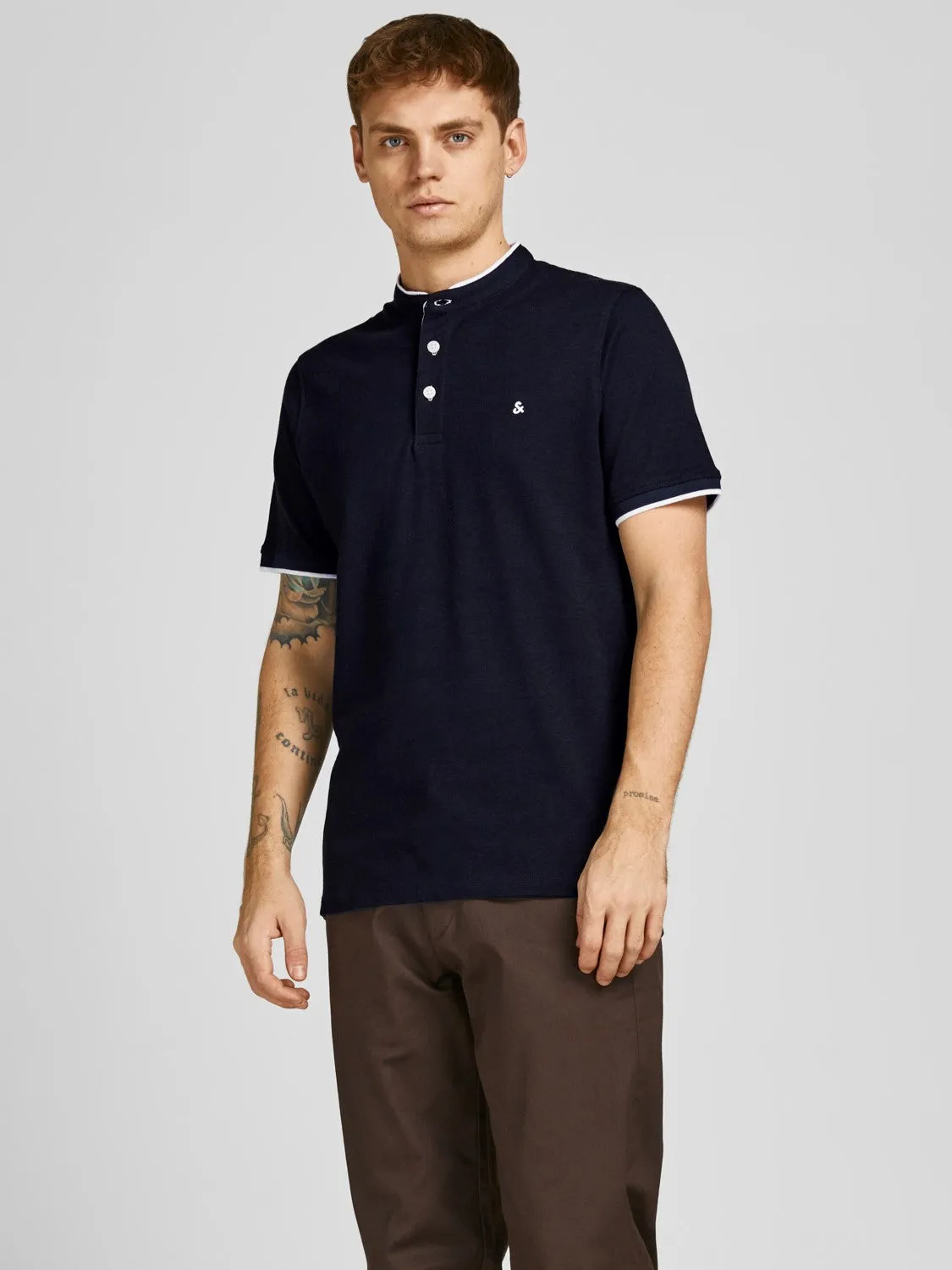 Jack & Jones Mens 'JJ Paulos Mao' Grandad Neck Polo T-Shirt