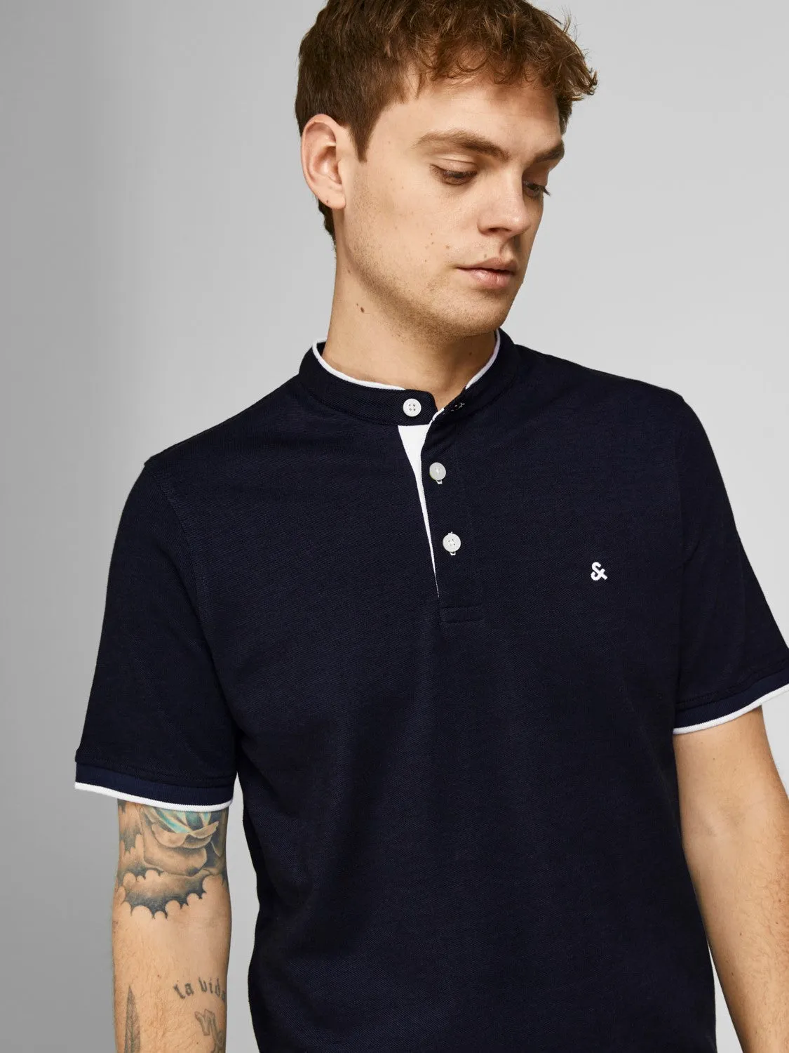 Jack & Jones Mens 'JJ Paulos Mao' Grandad Neck Polo T-Shirt