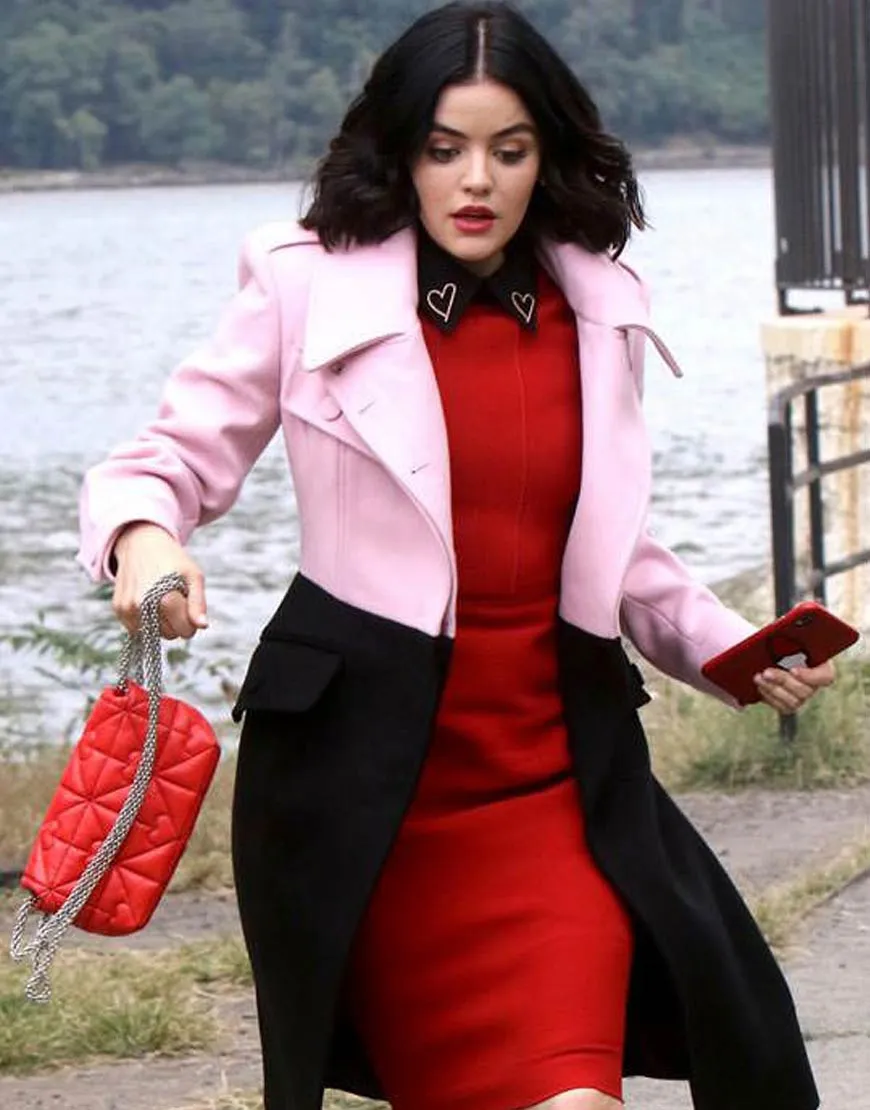 Katy Keene Lucy Hale Long Coat - Pink & Black Wool Blend Trench Coat