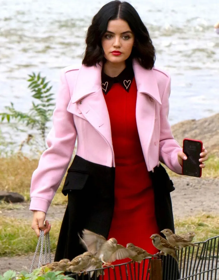 Katy Keene Lucy Hale Long Coat - Pink & Black Wool Blend Trench Coat