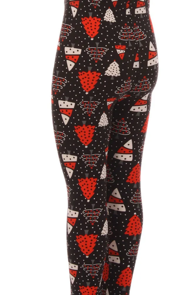 Kid's Red White Christmas Tree Pattern Printed Leggings