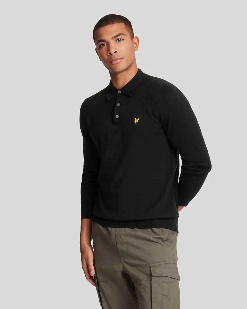 Lyle & Scott Merino Cotton Long Sleeve Polo Shirt Jumper Jet Black