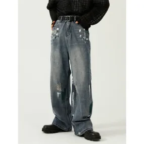 Men's Denim Loose Fit Mid Waist Wide Straight Leg Casual Trousers