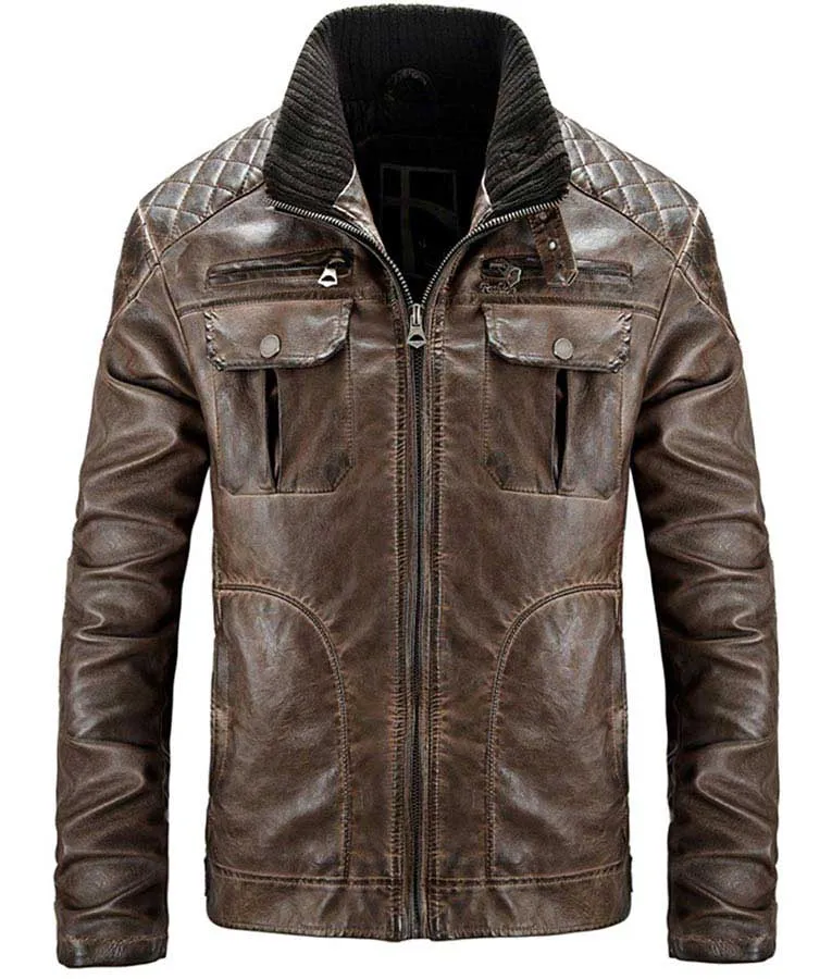 Mens Distressed Quilted Jacket - Waxed Brown Leather Jacket - Ujackets