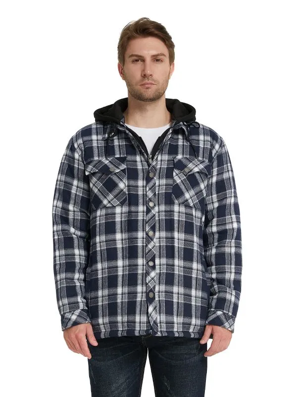 Men's Thicken Plaid Flannel Quilted Shirts Jacket with Removable Hood