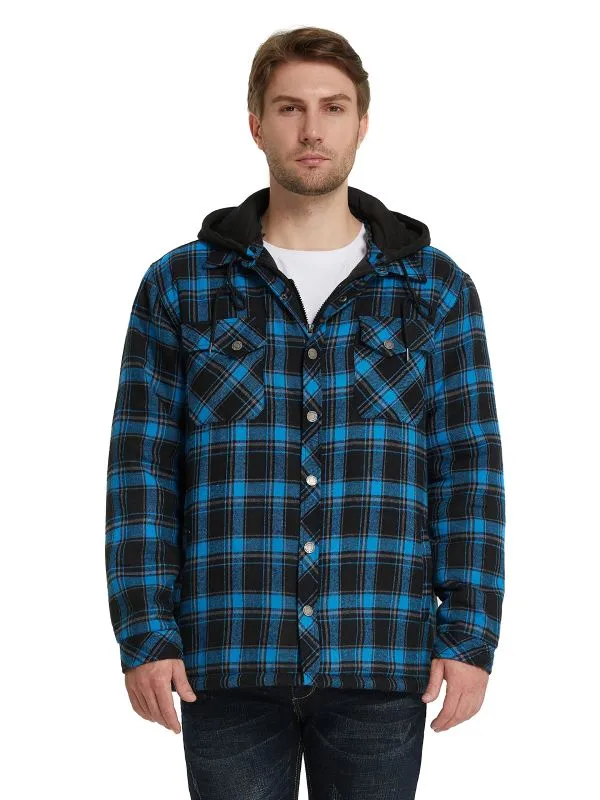 Men's Thicken Plaid Flannel Quilted Shirts Jacket with Removable Hood