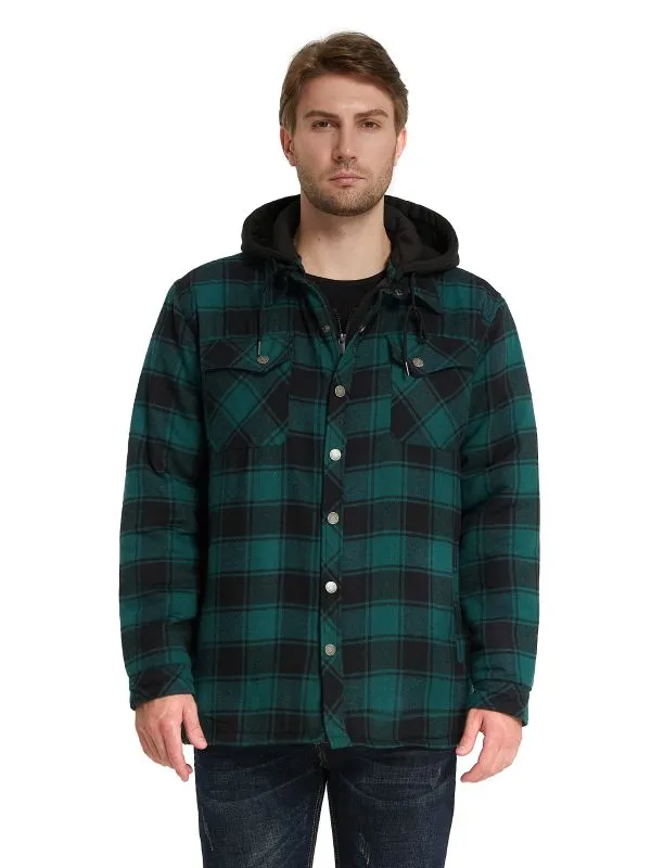 Men's Thicken Plaid Flannel Quilted Shirts Jacket with Removable Hood