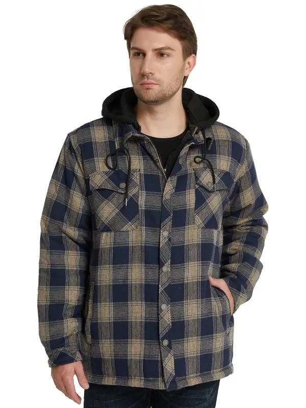 Men's Thicken Plaid Flannel Quilted Shirts Jacket with Removable Hood