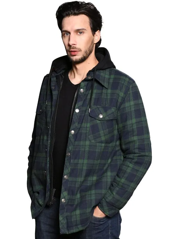 Men's Thicken Plaid Flannel Quilted Shirts Jacket with Removable Hood