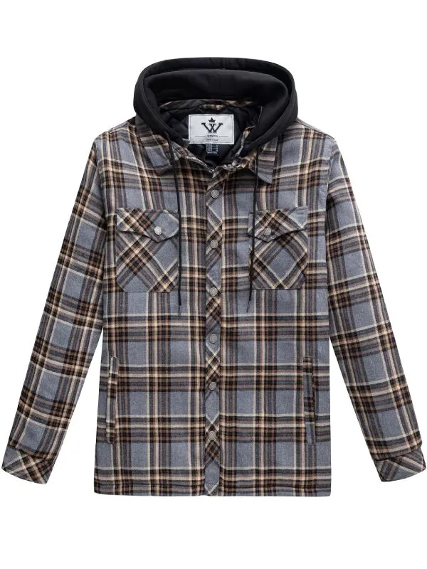 Men's Thicken Plaid Flannel Quilted Shirts Jacket with Removable Hood