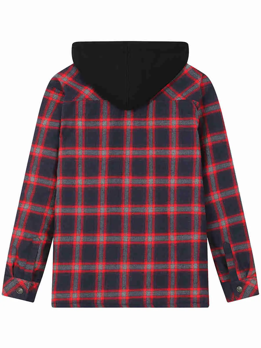 Men's Thicken Plaid Flannel Quilted Shirts Jacket with Removable Hood