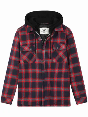 Men's Thicken Plaid Flannel Quilted Shirts Jacket with Removable Hood