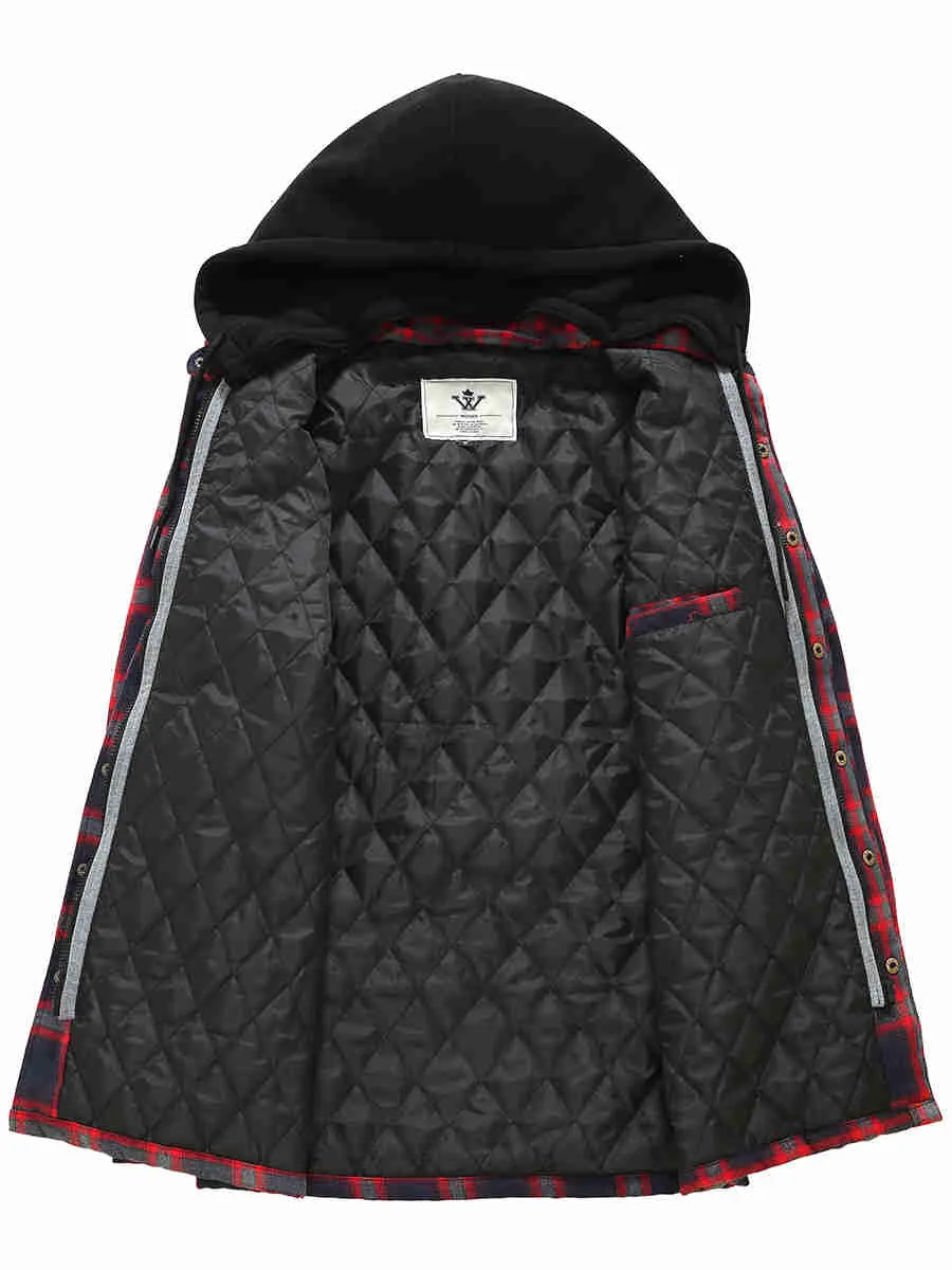 Men's Thicken Plaid Flannel Quilted Shirts Jacket with Removable Hood