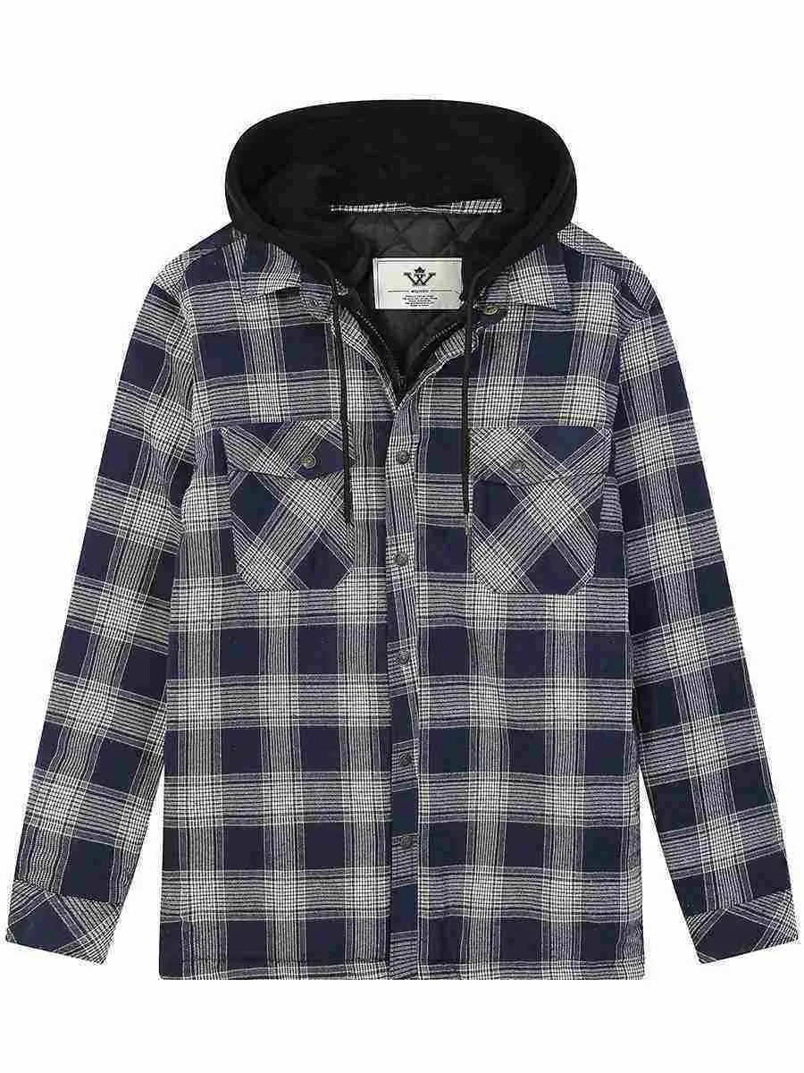 Men's Thicken Plaid Flannel Quilted Shirts Jacket with Removable Hood