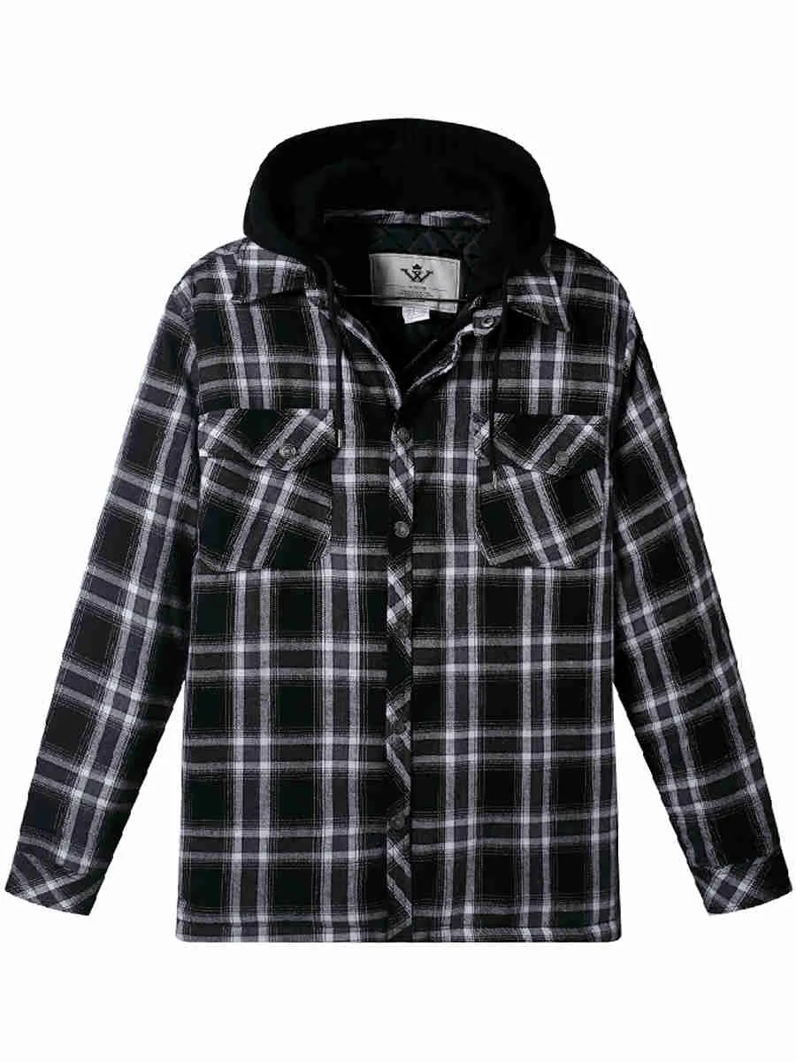 Men's Thicken Plaid Flannel Quilted Shirts Jacket with Removable Hood