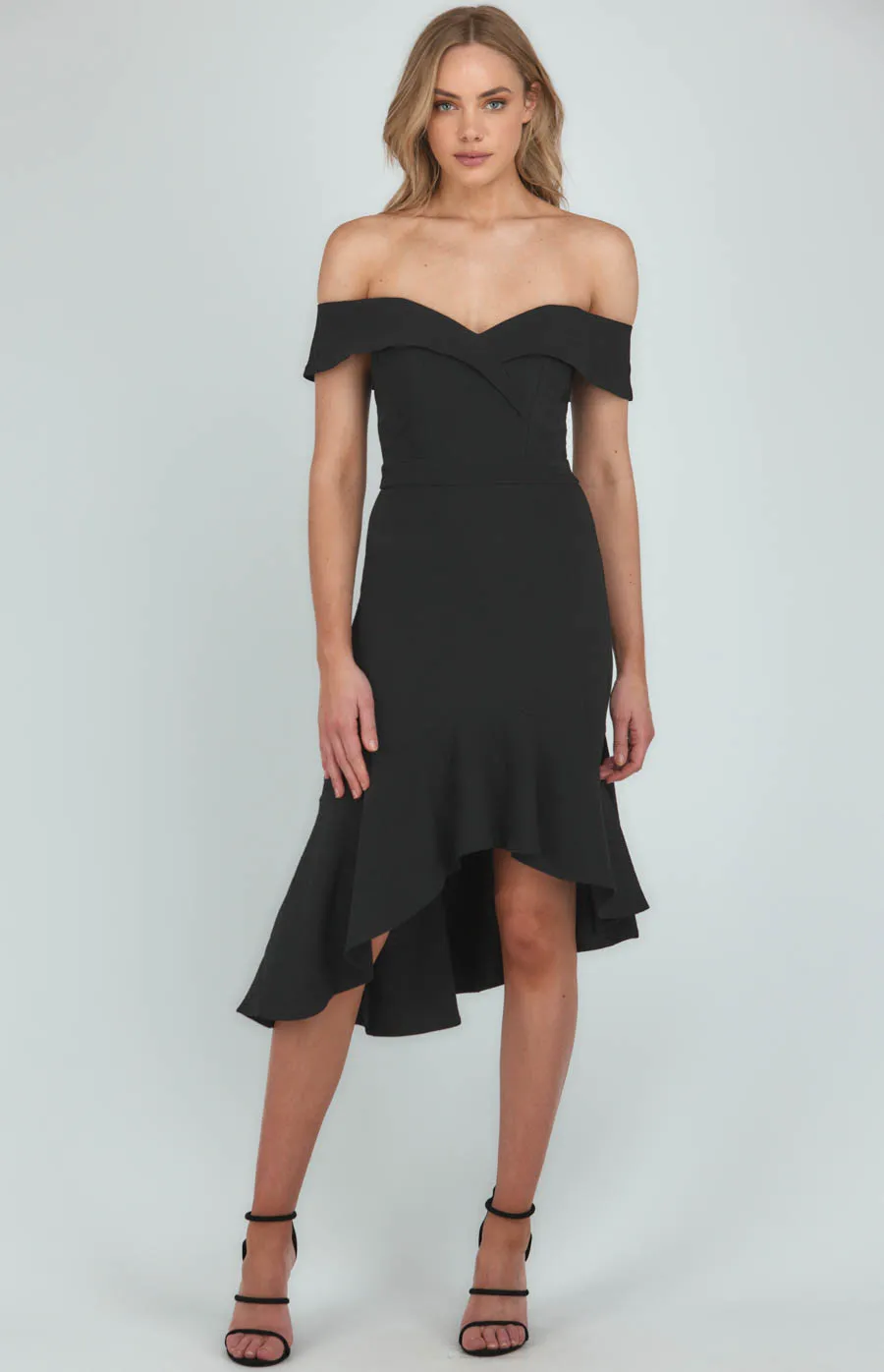 Off the Shoulder Dress with Asymmetrical Hem (ADR1017A)