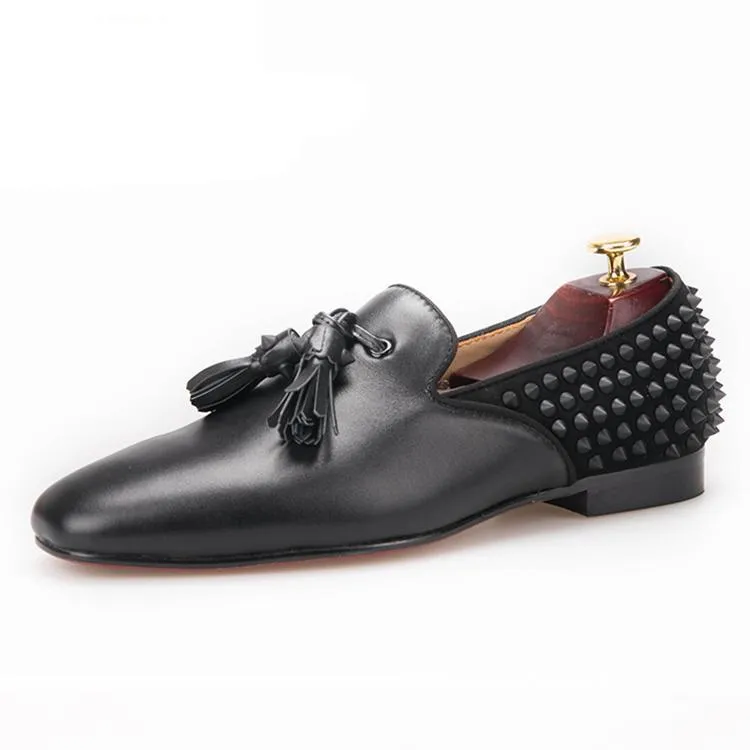 OneDrop Handmade Men Dress Shoes Leather Vamp Spikes Leather Tassels Suede Spikes Wedding Party Prom Loafers