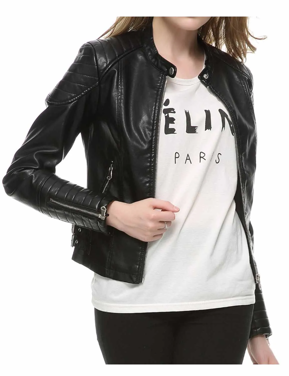 Padded Design Elegant Womens Faux Leather Biker Jacket - UJackets