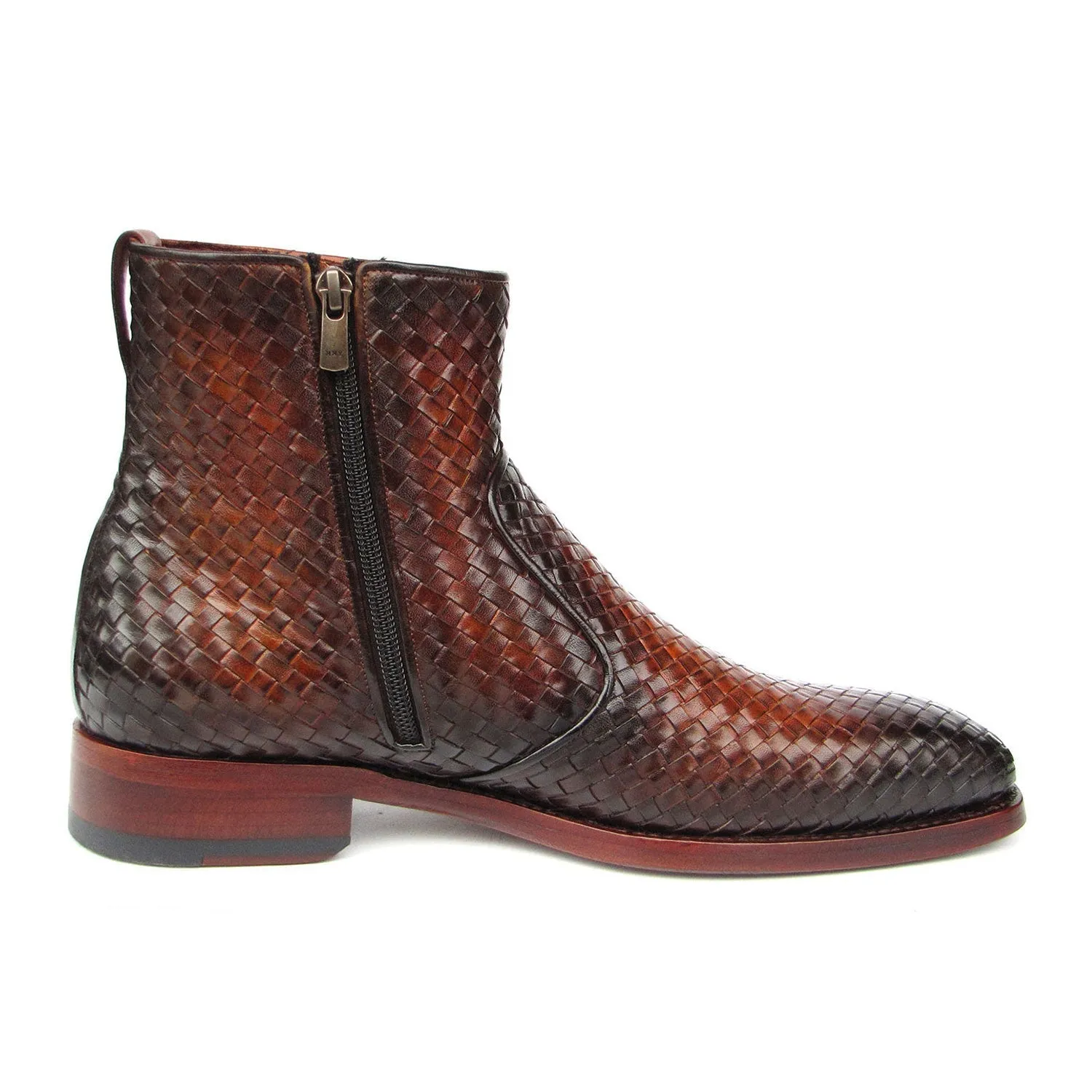 Paul Parkman BT269BRW Men's Shoes Brown Burnished Woven Leather Goodyear Welted Zipper Boots (PM6402)