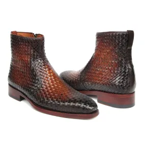 Paul Parkman BT269BRW Men's Shoes Brown Burnished Woven Leather Goodyear Welted Zipper Boots (PM6402)