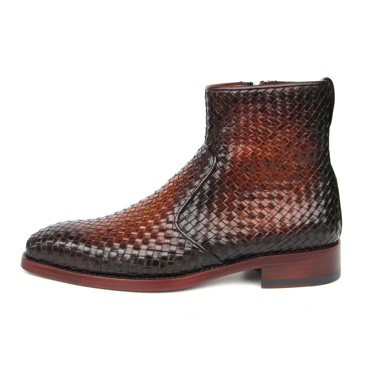 Paul Parkman BT269BRW Men's Shoes Brown Burnished Woven Leather Goodyear Welted Zipper Boots (PM6402)