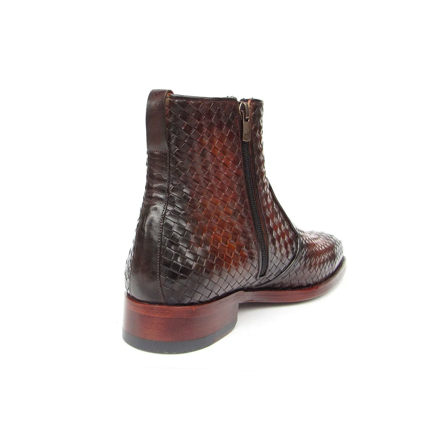 Paul Parkman BT269BRW Men's Shoes Brown Burnished Woven Leather Goodyear Welted Zipper Boots (PM6402)