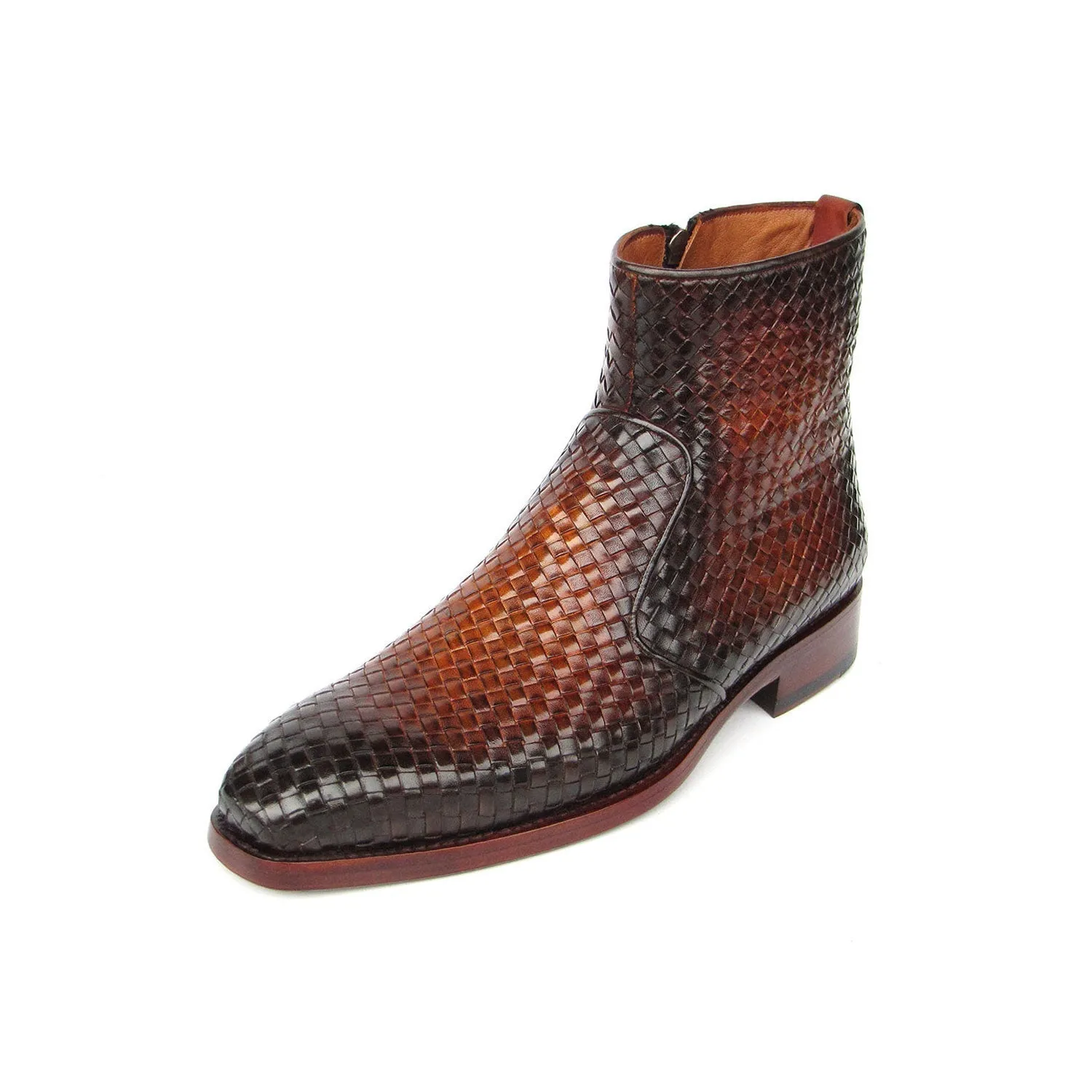 Paul Parkman BT269BRW Men's Shoes Brown Burnished Woven Leather Goodyear Welted Zipper Boots (PM6402)