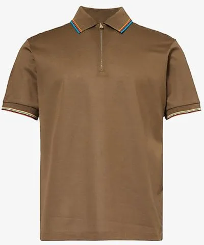 Paul Smith Mens Brown Stripe-trim half-zip cotton polo shirt