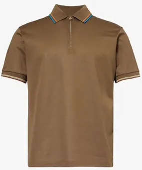 Paul Smith Mens Brown Stripe-trim half-zip cotton polo shirt