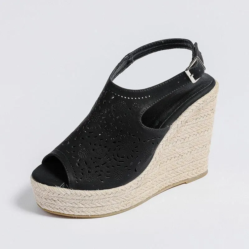 Peep Toe Leather Wedge Sandals