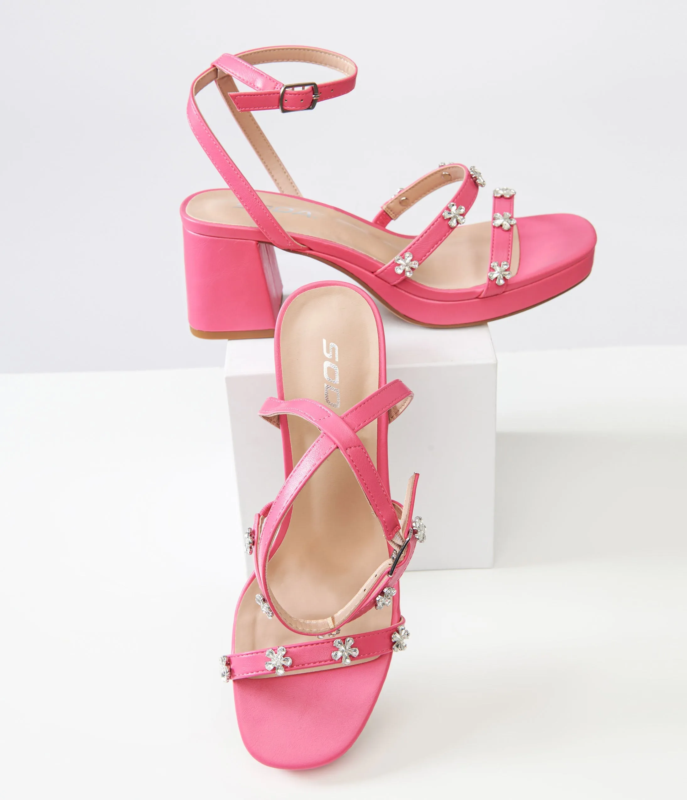 Pink Leatherette & Rhinestone Floral Platform Heels