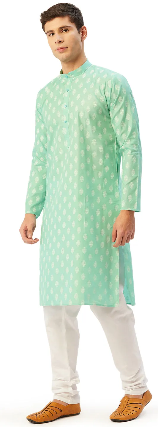 Printed Casual Wear Men's Cotton Kurta Pyjama India Apparel (Green)