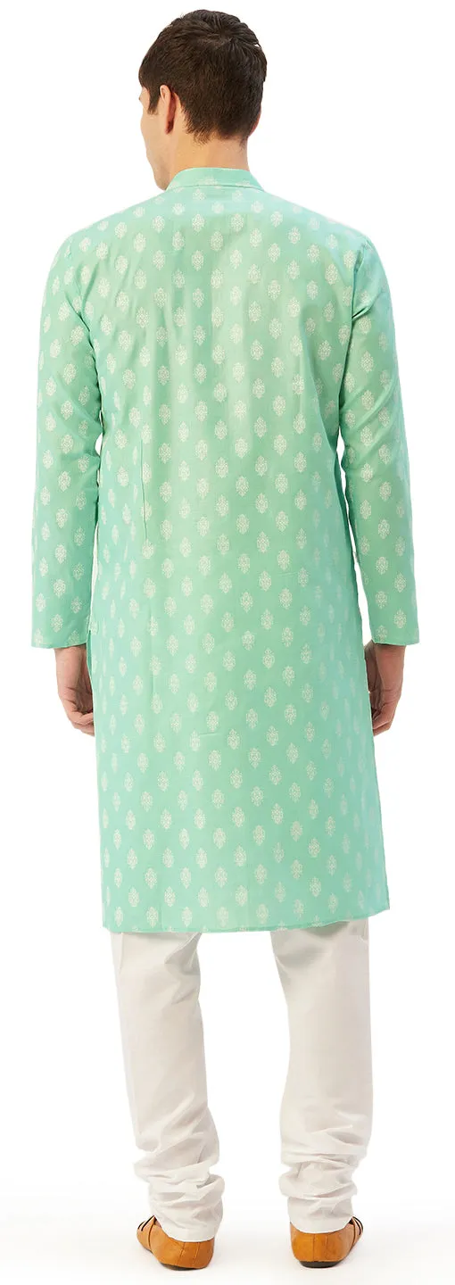 Printed Casual Wear Men's Cotton Kurta Pyjama India Apparel (Green)