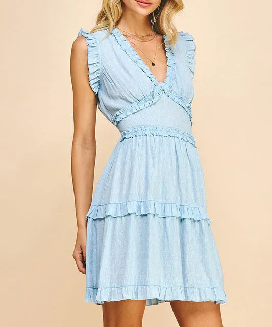 Ruffle Detail Mini Dress - Pastel Blue