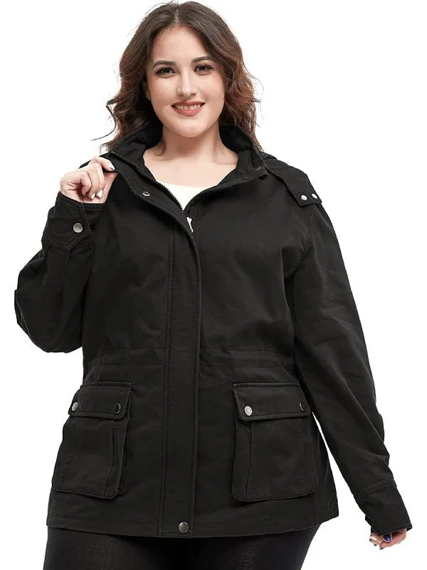 Soularge Women's Plus Size Military Cotton Jacket with Detachable Hood