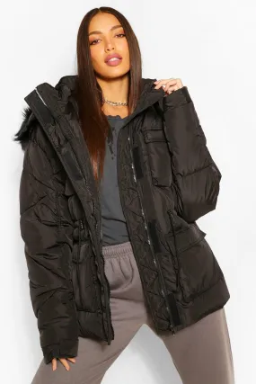 Tall Faux Fur Hooded Waist Cinch Coat