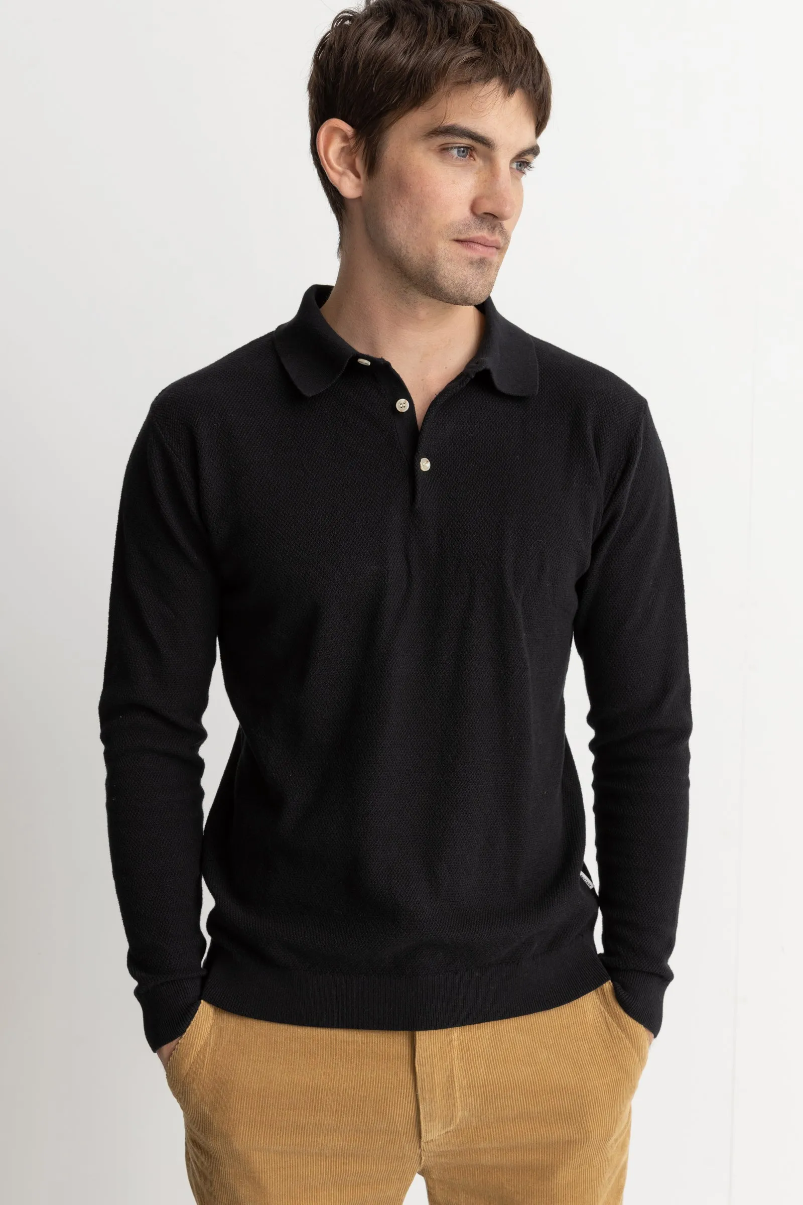 Textured Knit Ls Polo Black