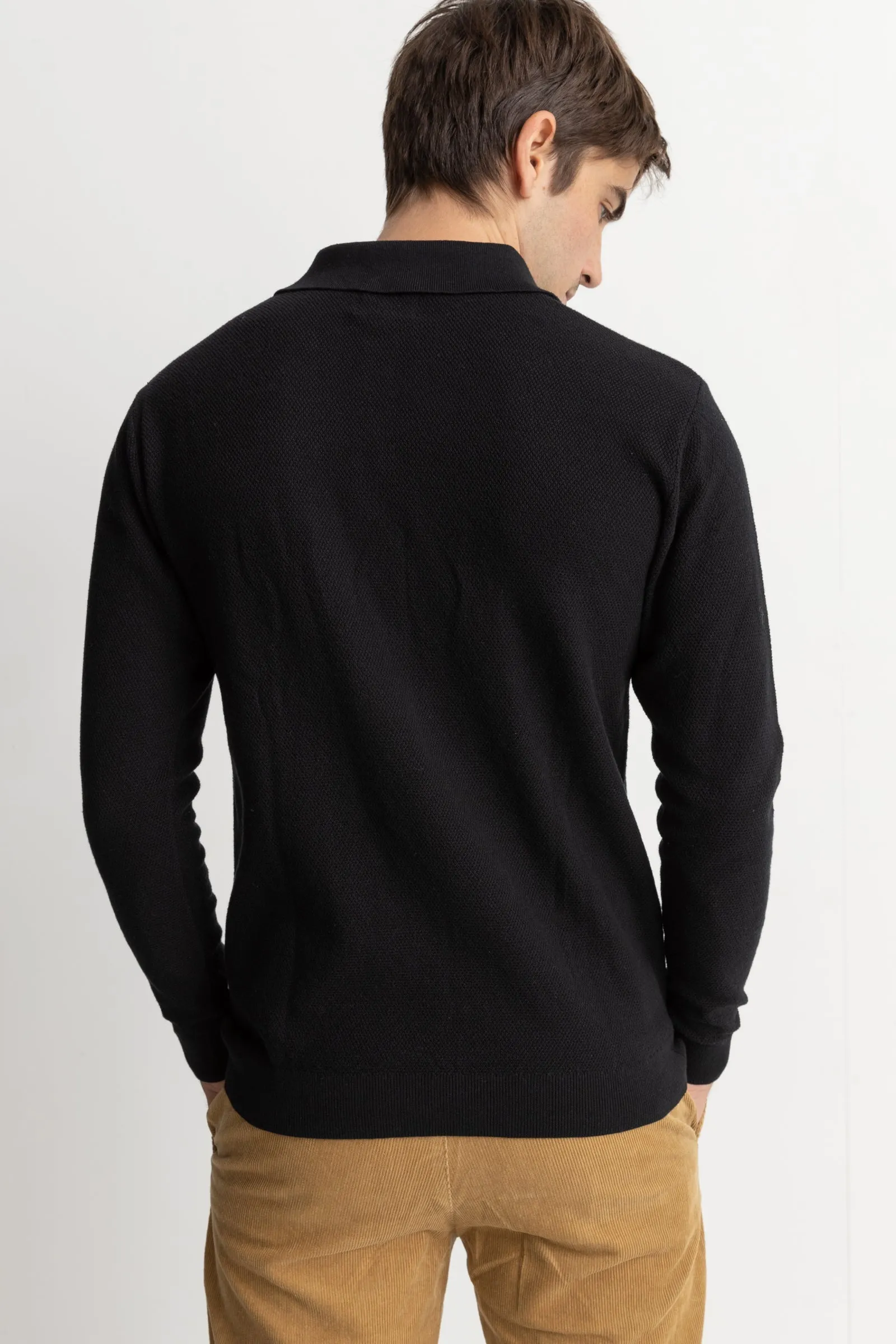 Textured Knit Ls Polo Black