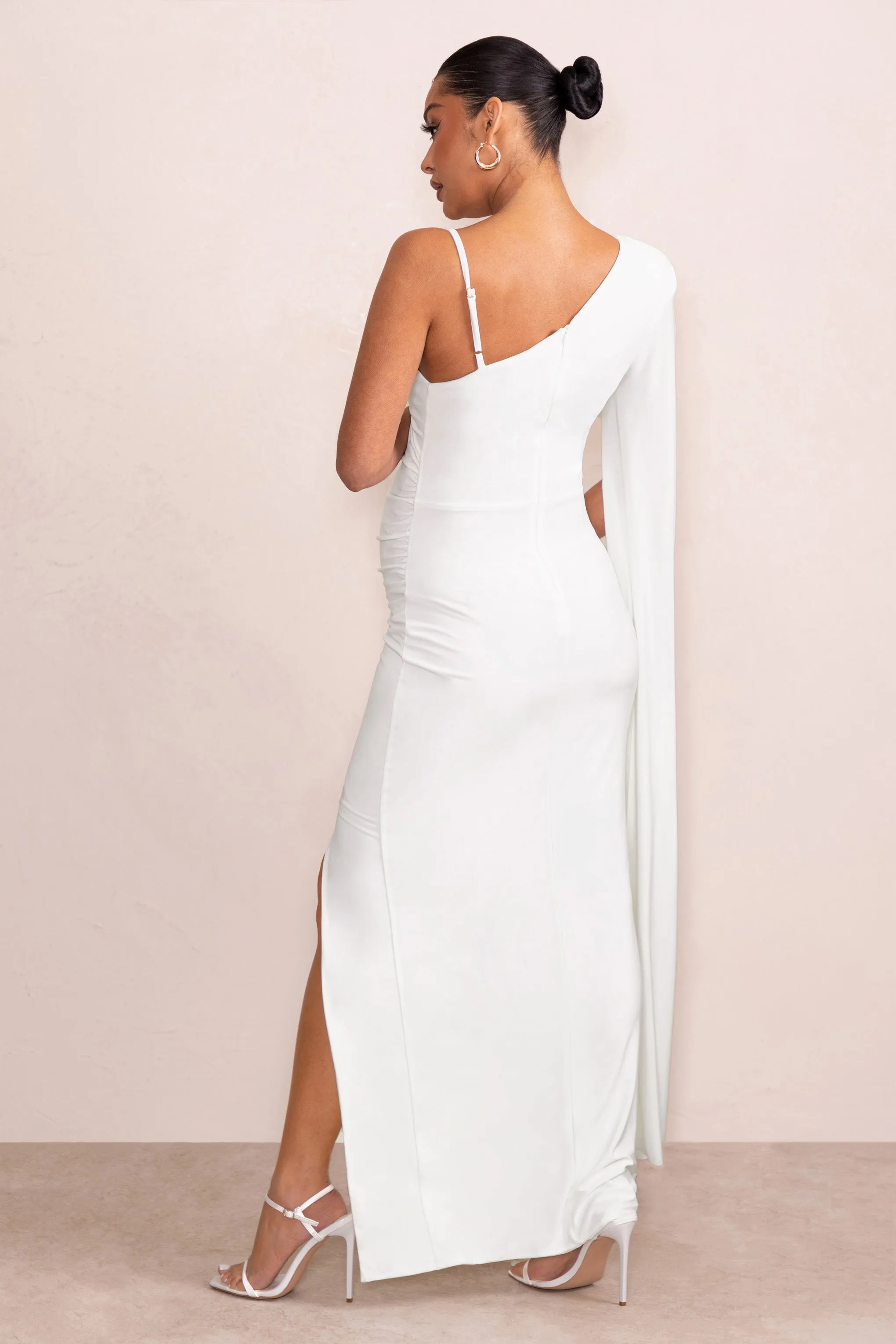 The Crown | White Asymmetric Plunge Maternity Maxi Dress with Cape Sleeve