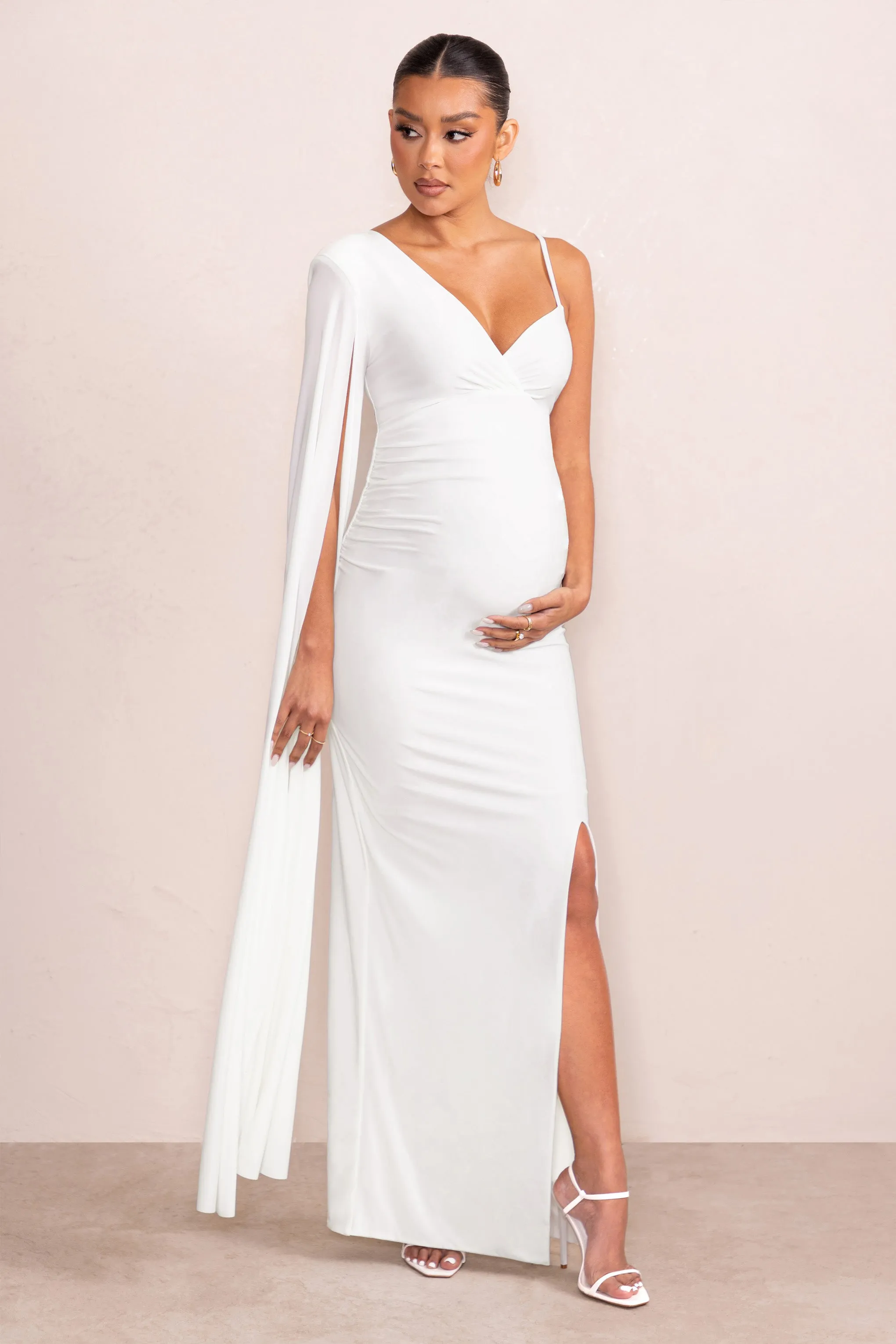 The Crown | White Asymmetric Plunge Maternity Maxi Dress with Cape Sleeve