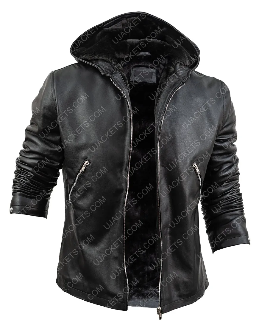 Tommy Egan Power Leather Jacket | Black Sheepskin Hooded Jacket