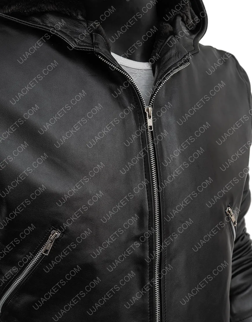 Tommy Egan Power Leather Jacket | Black Sheepskin Hooded Jacket