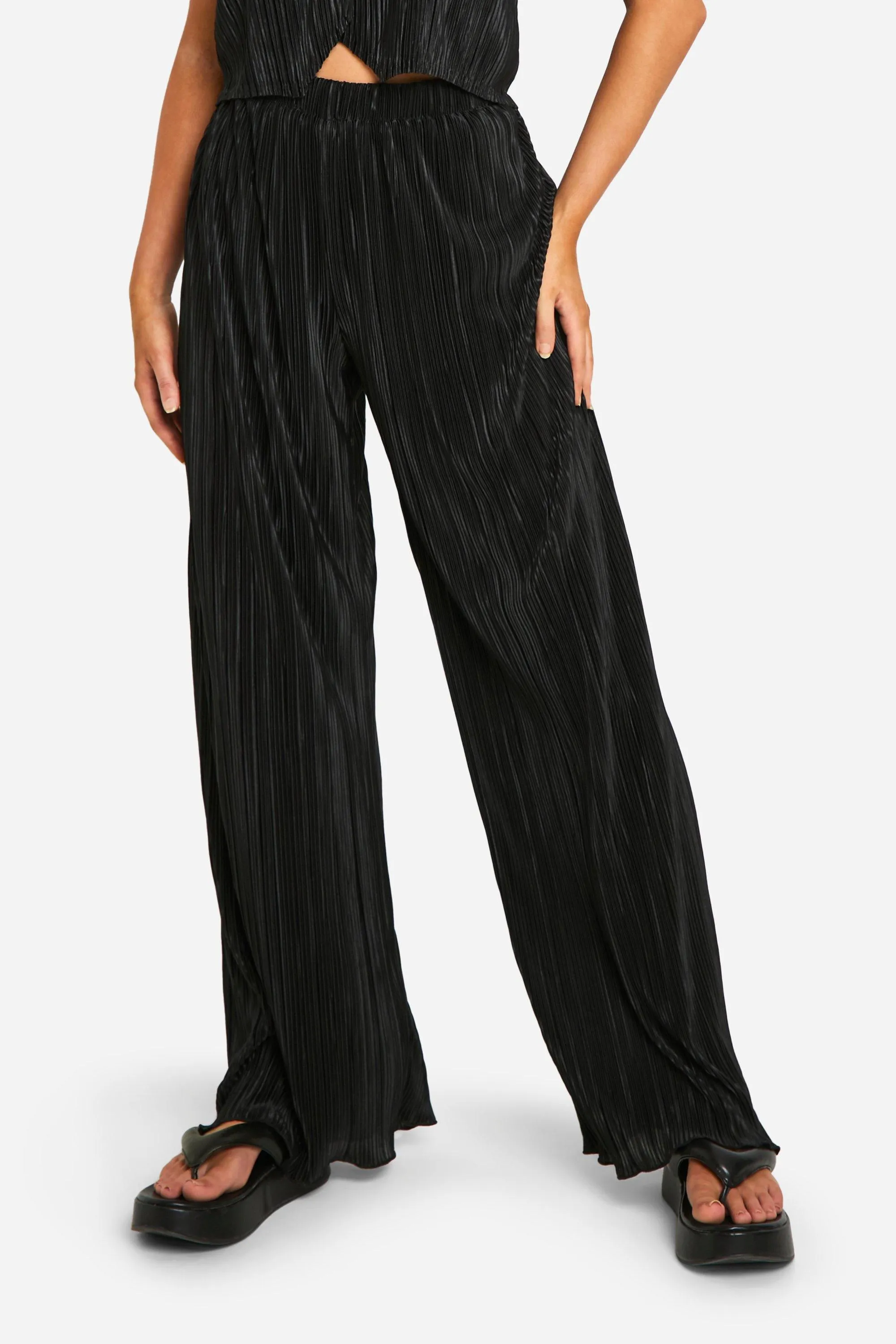 Trousers | Plisse Relaxed Fit Wide Leg Trousers | boohoo