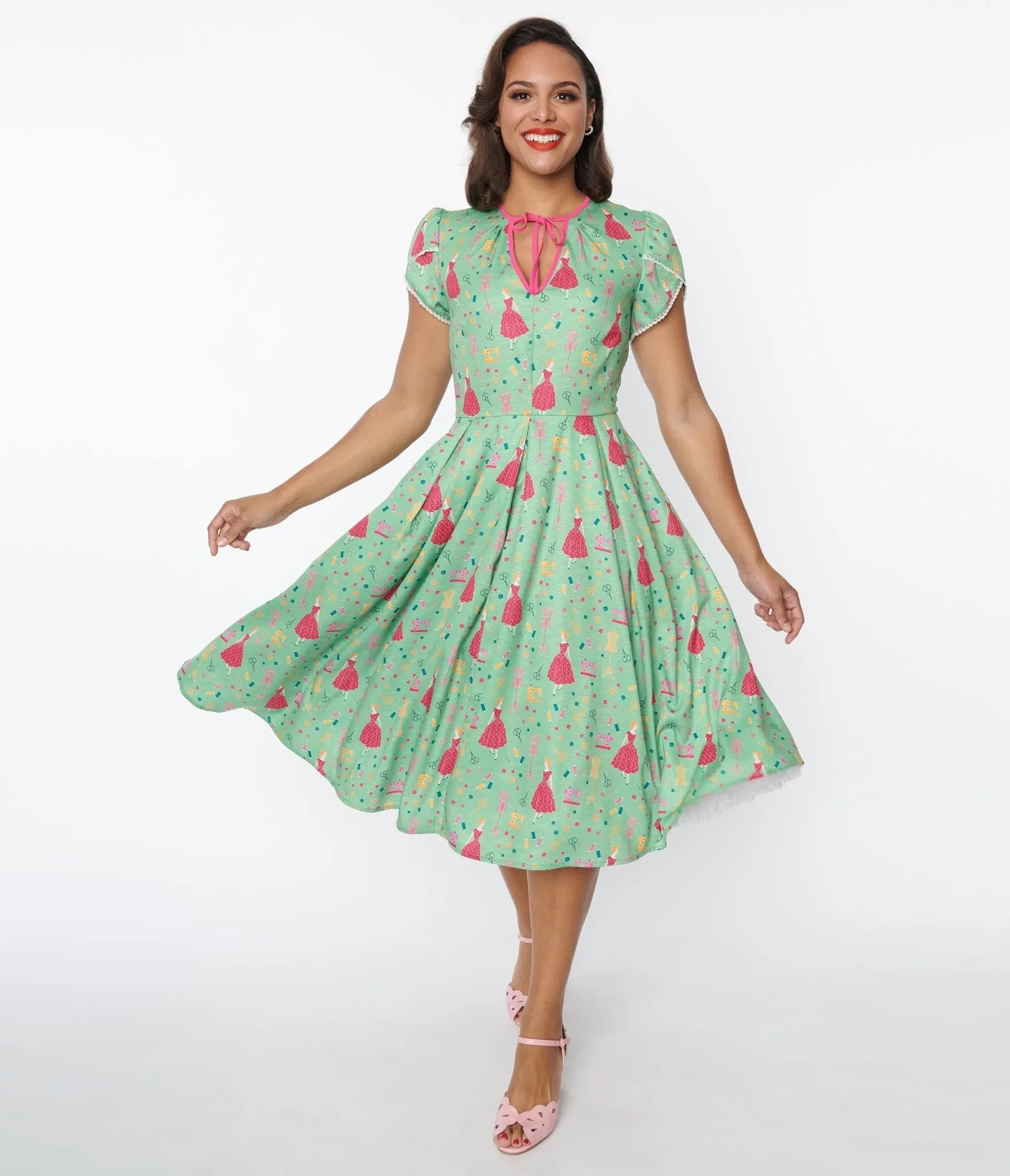 Unique Vintage 1940s Sage & Retro Sewing Print Dahlia Swing Dress