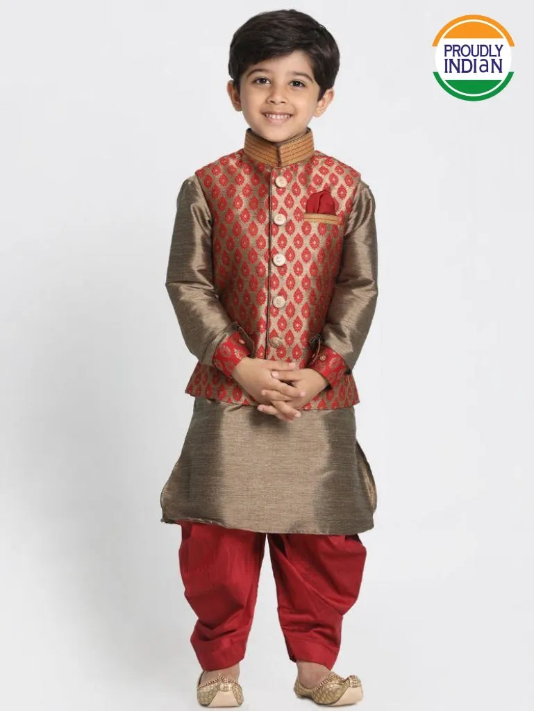 VASTRAMAY Boys' Gold Cotton Silk Blend Ethnic Jacket, Kurta and Dhoti Pant Set