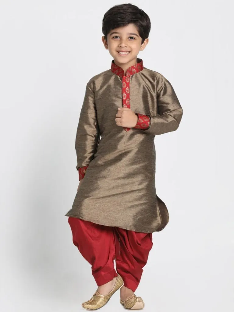 VASTRAMAY Boys' Gold Cotton Silk Blend Ethnic Jacket, Kurta and Dhoti Pant Set