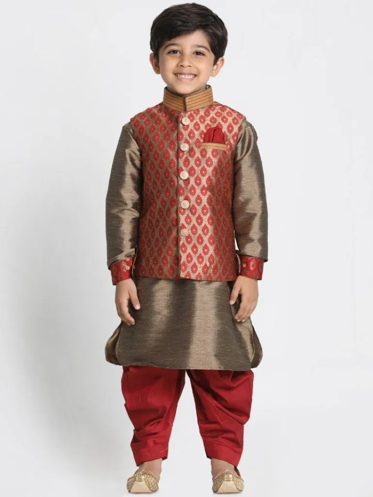 VASTRAMAY Boys' Gold Cotton Silk Blend Ethnic Jacket, Kurta and Dhoti Pant Set