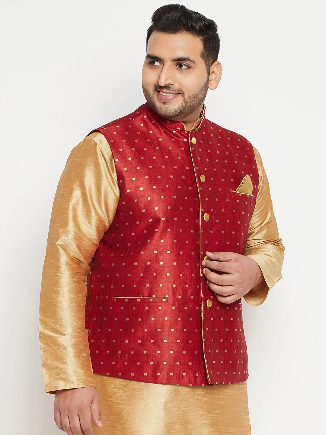 VASTRAMAY Men's Plus Size Maroon Zari Weaved Nehru Jacket