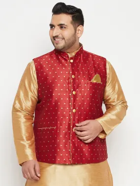 VASTRAMAY Men's Plus Size Maroon Zari Weaved Nehru Jacket